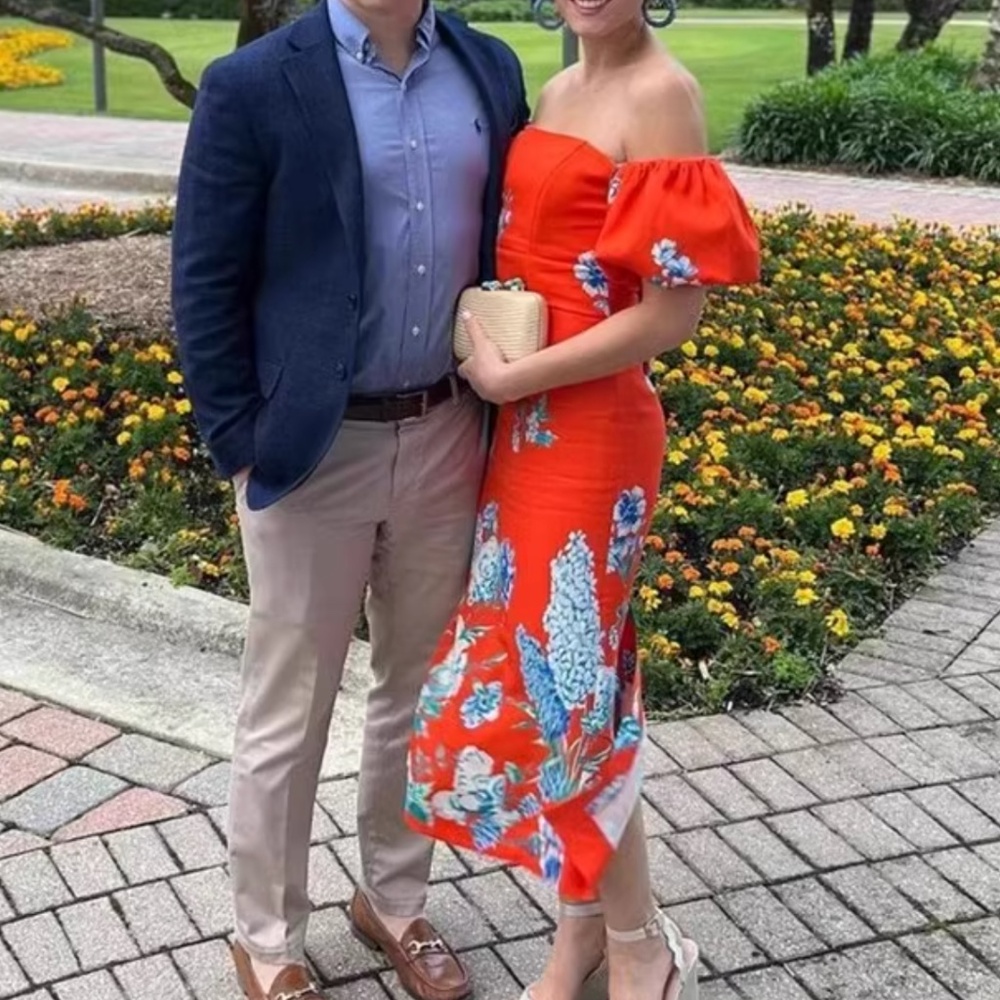 NEW Cara Cara Puff Sleeve Karene Midi Dress - Orange Red Floral - Picture 2 of 11